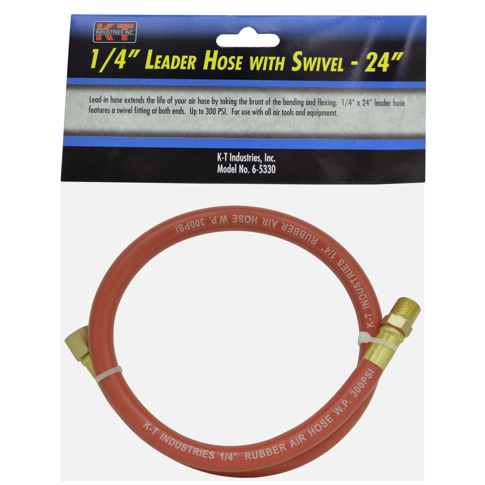 K-T Industries Leader Air Hose with Swivel Fittings — 1/4in. x 24in., 200 PSI, Red, Model# 6-5330